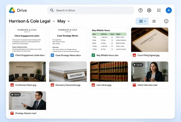 A Google Drive folder of law practice photographs and video clips for the month