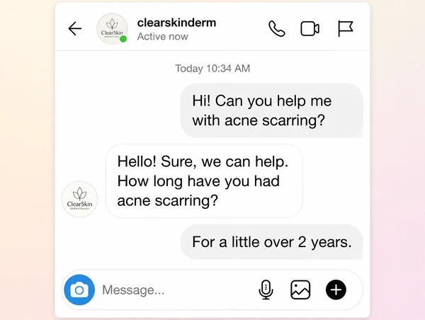 An Instagram message thread where a customer enquires about a dermatology clinic job