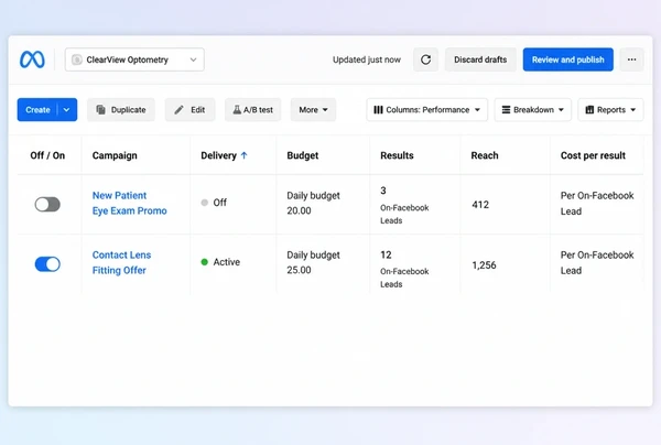 A Meta Ads Manager list with one paused and one active optometry practice campaign