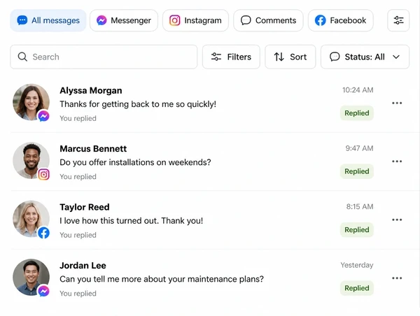 A Meta Business Suite inbox where every business conversation already has a reply sent