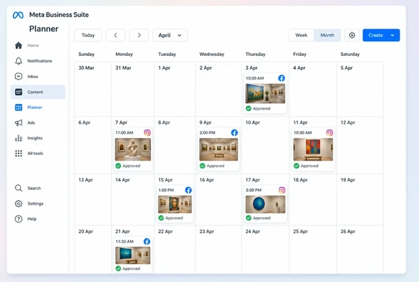 A Meta Business Suite Planner month of approved scheduled posts for an art gallery