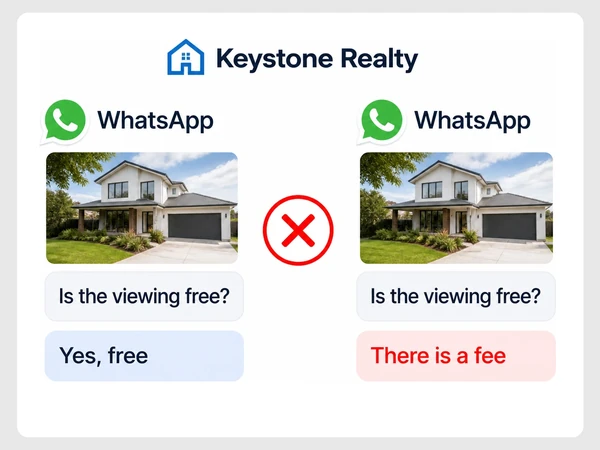 Keystone Realty chats answer the same viewing question with free and fee responses.