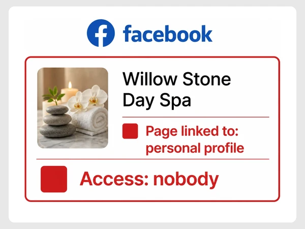Willow Stone Day Spa page links to a personal profile with nobody holding access.