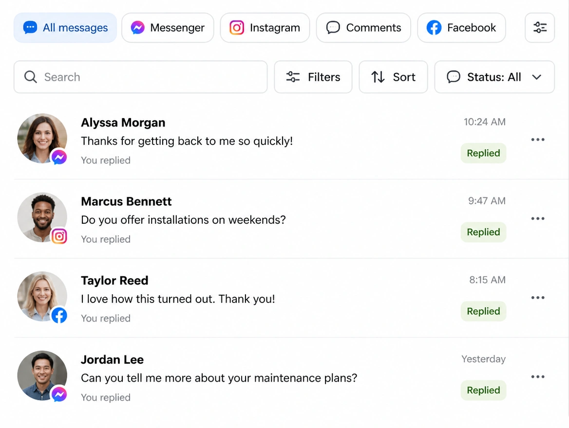 A Meta Business Suite inbox where every business conversation already has a reply sent