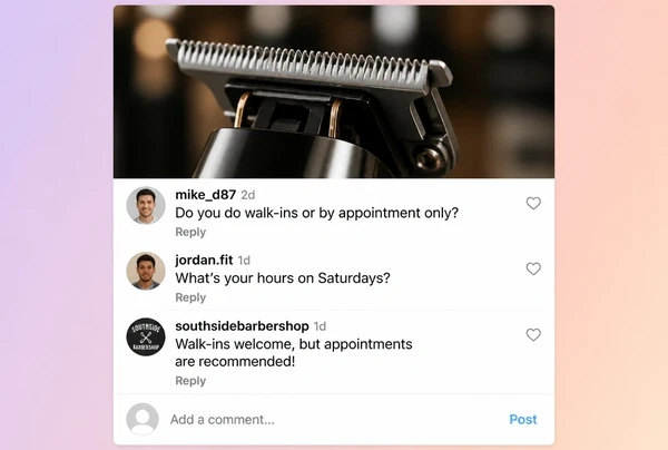 Three comments on a barber shop Instagram post, one answered by the business