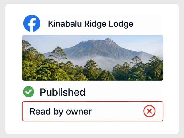Kinabalu Ridge Lodge Facebook post is published while the Read by owner row has a red cross.