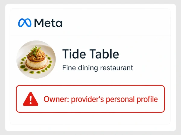 Tide Table Meta settings name the provider's personal profile as account owner beside a warning triangle.