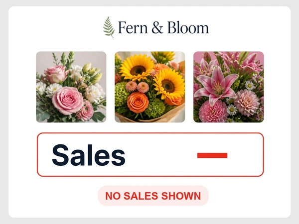 Fern & Bloom report pastes three social post screenshots while the Sales row remains a red dash.