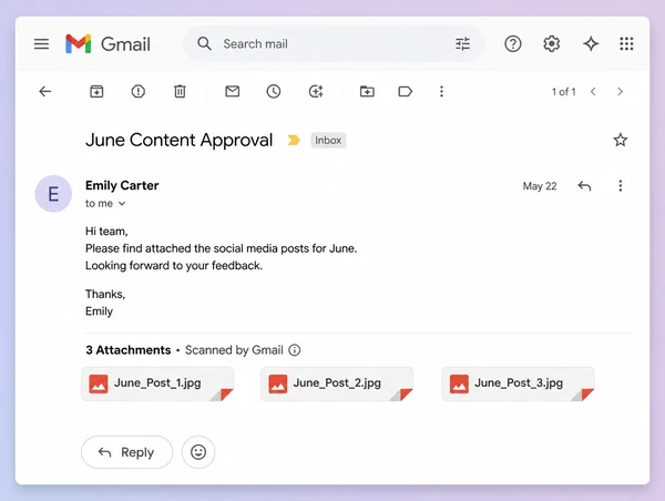 A Gmail approval message sending a month of perfumery posts for sign off
