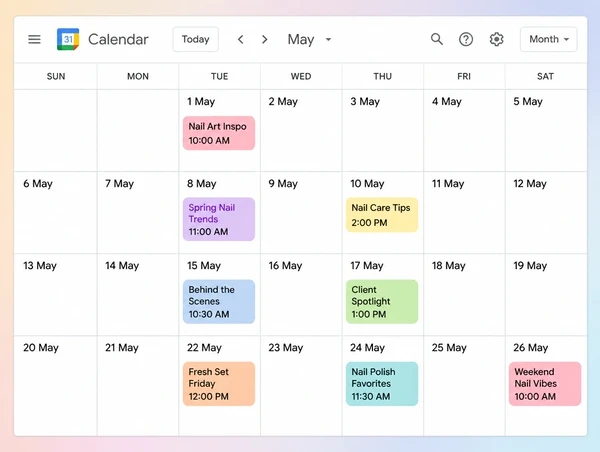 A Google Calendar month with nine planned nail studio posts spread evenly