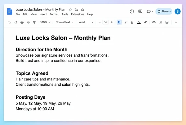 A Google Docs monthly plan for a hair salon with direction, topics and posting days