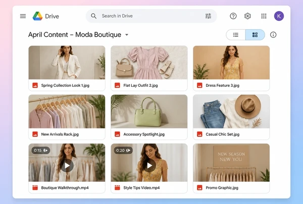 A Google Drive folder of fashion boutique photographs and video clips for the month