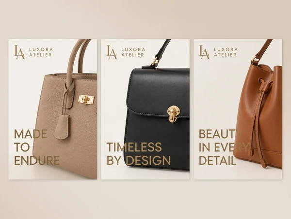 Three handbag brand social posts side by side in one consistent style