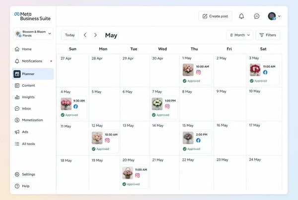 A Meta Business Suite Planner month of approved scheduled posts for a florist