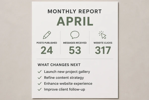 A one page monthly interior design studio report showing posts published, messages and clicks