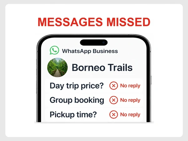 Borneo Trails WhatsApp list shows three travel questions marked No reply with red crosses.