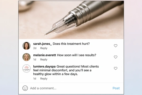 Three comments on a day spa Instagram post, one answered by the business
