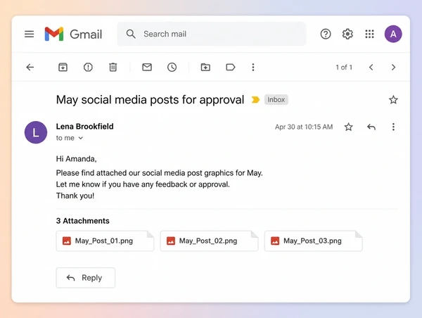 A Gmail approval message sending a month of pilates studio posts for sign off