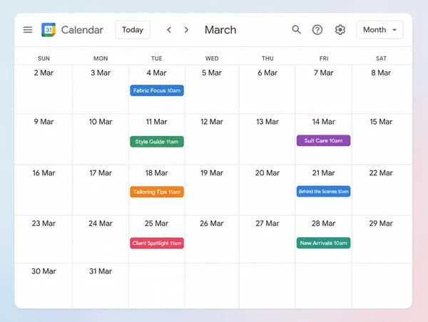 A Google Calendar month with nine planned bespoke tailor posts spread evenly