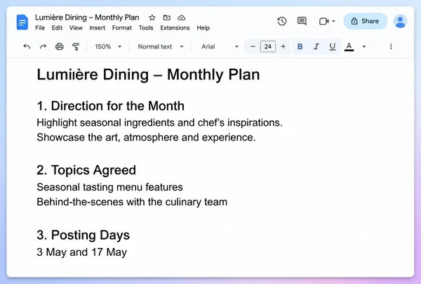 A Google Docs monthly plan for a fine dining restaurant with direction, topics and posting days