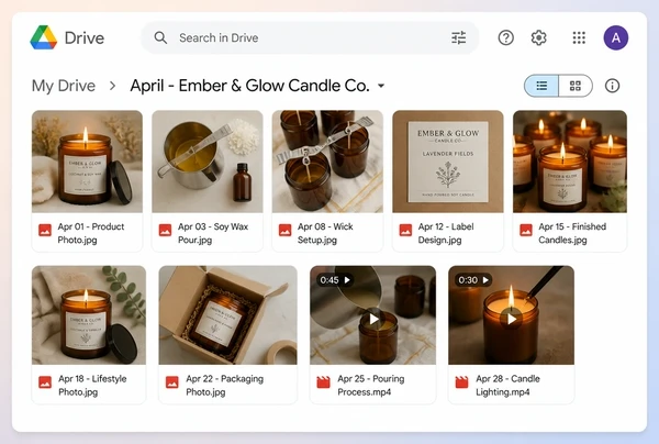 A Google Drive folder of candle maker photographs and video clips for the month