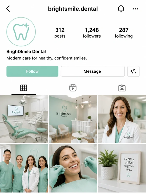 An Instagram business profile for a dental practice with a grid of six clean clinic photographs