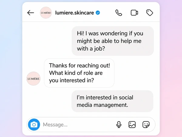 An Instagram message thread where a customer enquires about a skincare brand job