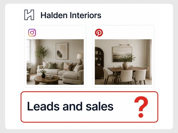 Halden Interiors document pastes two social post screenshots while Leads and sales remains a red question mark.