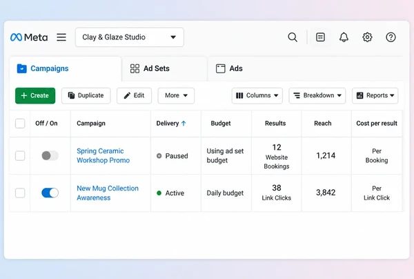 A Meta Ads Manager list with one paused and one active ceramics studio campaign