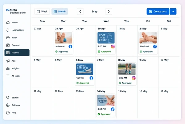 A Meta Business Suite Planner month of approved scheduled posts for a podiatry practice