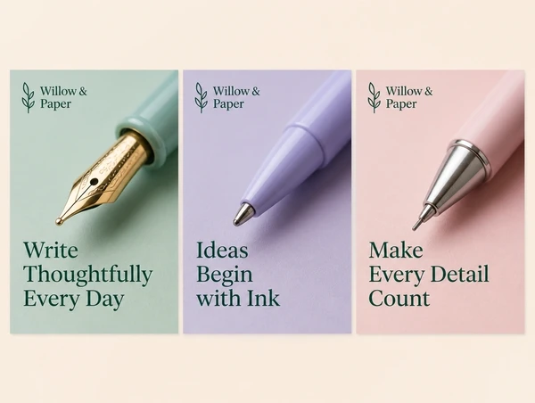 Three stationery brand social posts side by side in one consistent style