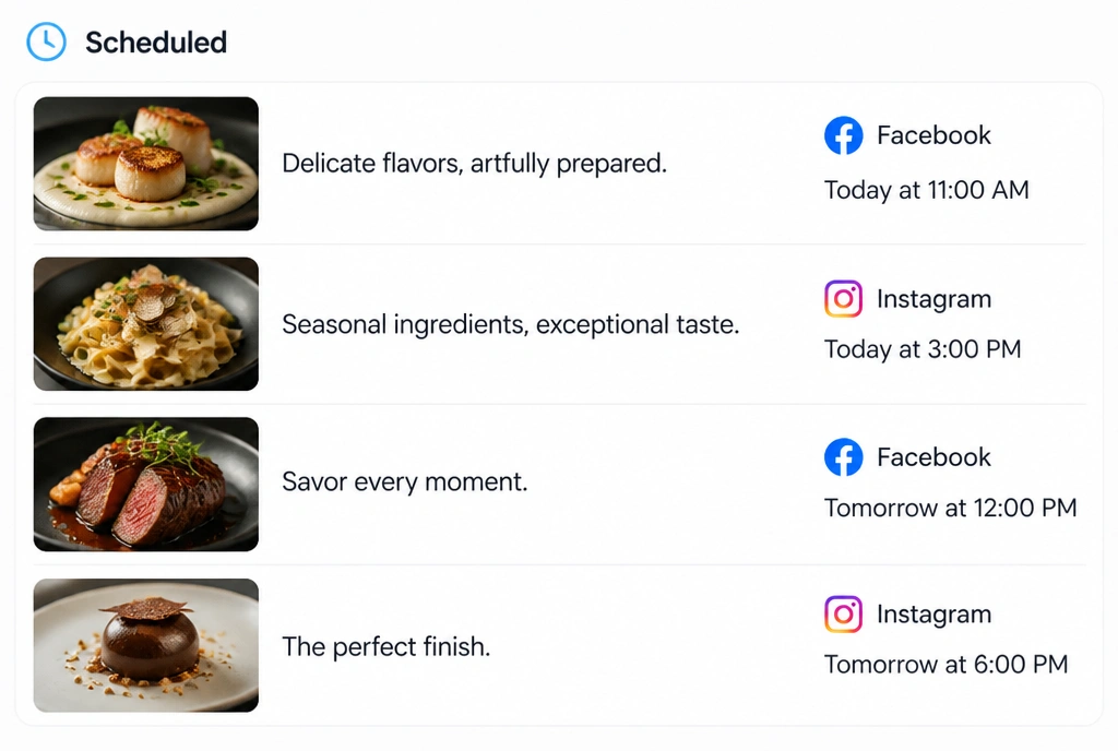 A Meta Business Suite list showing four restaurant posts scheduled with times and channels