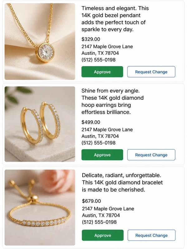 An approval screen where three jewellery post drafts wait with approve and request change buttons