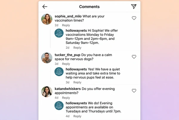 Three comments under a veterinary Instagram post, each with an approved reply underneath