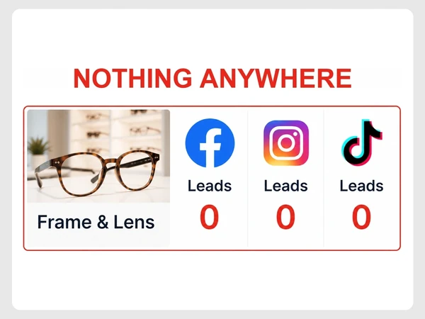 Frame & Lens shows zero leads on Facebook, Instagram, and TikTok under Nothing Anywhere.
