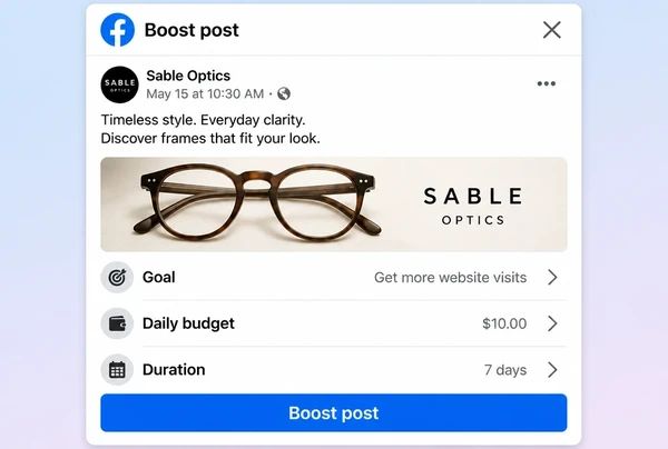 A Facebook boost panel for an eyewear post showing goal, daily budget and duration
