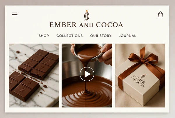 Three finished square photographs of chocolate, the middle one marked as a video clip