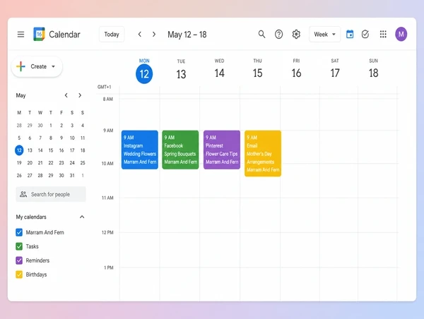 A Google Calendar week holding four planned florist posts with platforms and posting times