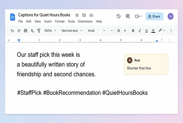 A Google Doc holding a written bookshop caption with hashtags and a comment in the margin