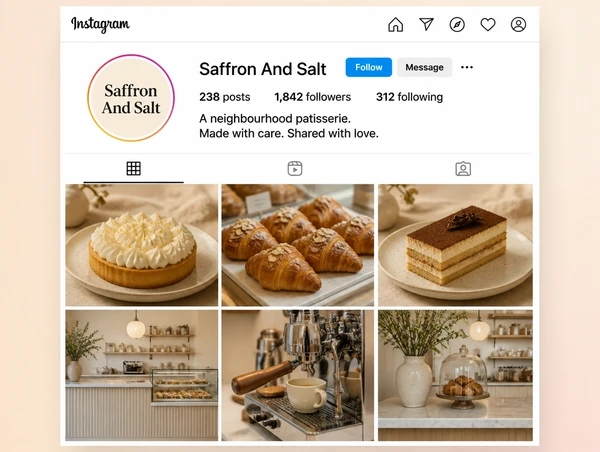 An Instagram patisserie profile with a two line bio and six grid photos sharing one look