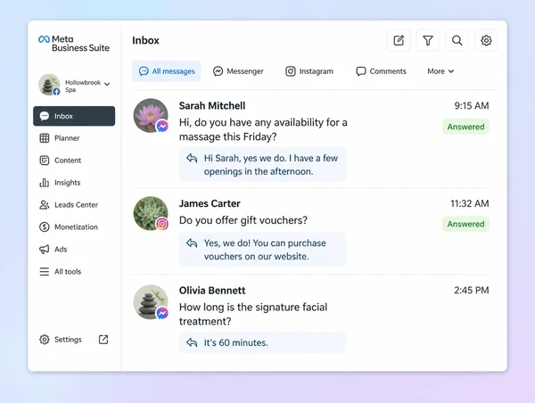 A Meta Business Suite inbox with three spa enquiries and the replies sent back
