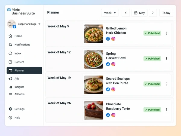 A Meta Business Suite planner showing four weeks of restaurant posts, each marked published