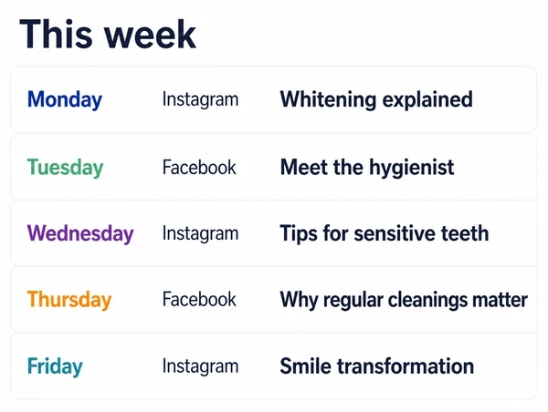 A weekly planner panel with five dental post titles, each on a named day and platform