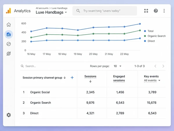 A Google Analytics table showing social visits arriving at a handbag brand website