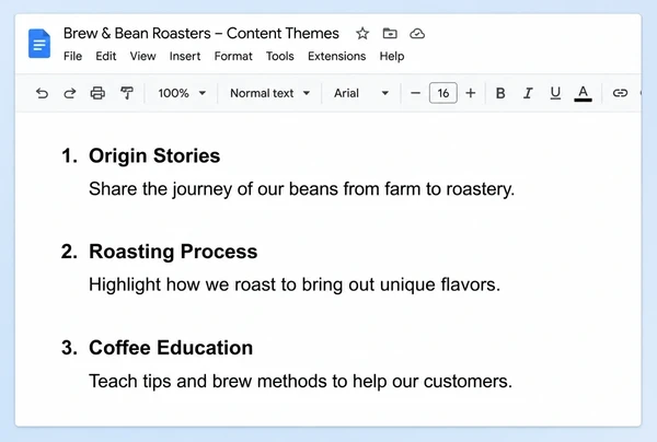 A Google Docs page listing three posting themes taken from a coffee roastery business