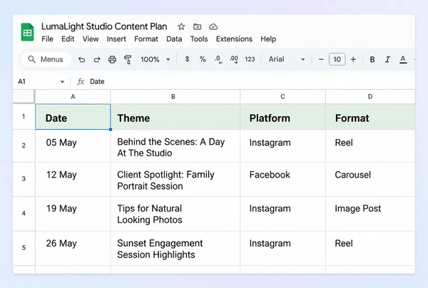 A Google Sheets content plan for a photography studio with four rows of theme, platform and format