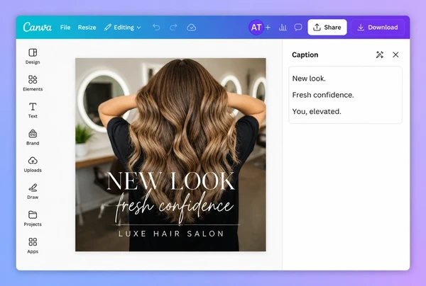 A hair salon social post being designed in Canva beside its written caption