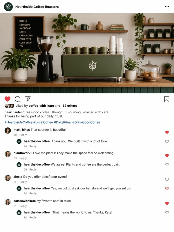 An Instagram post from a local coffee roastery showing its counter, with the caption and every comment answered