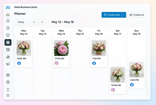A Meta Business Suite Planner week holding five scheduled florist posts