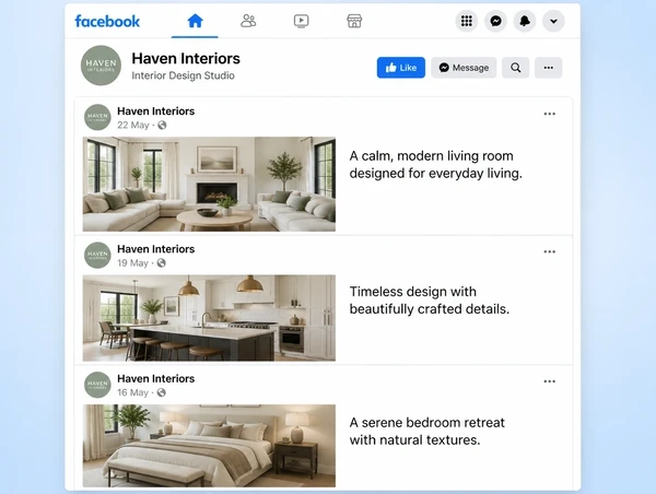 Three recent posts on an interior design studio Facebook Page dated days apart